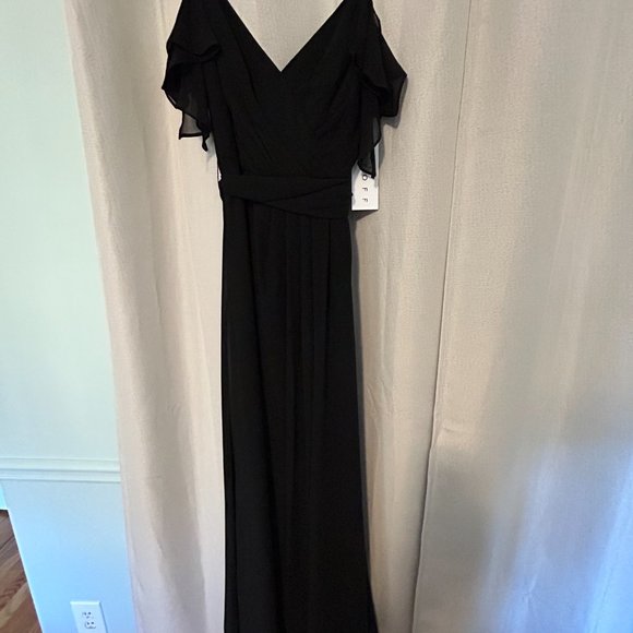 Bill Levkoff Black Chiffon Off The Shoulder A-line Dress - Picture 2 of 7